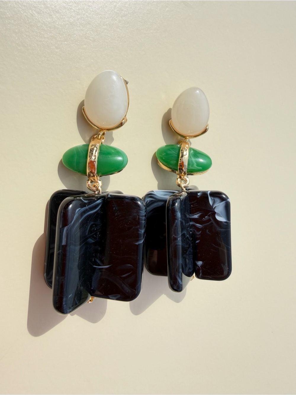 Green, Black, White & Gold Statement Drop Earrings - Women Jewelry